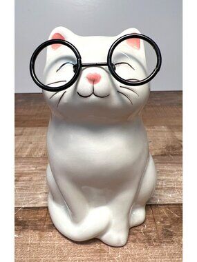 Ceramic Cat White With Black Glasses And Pink Details